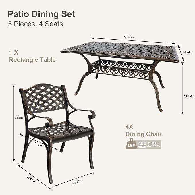 5 Piece Outdoor Dining Set, Cast Aluminum Patio Dining Set for 4 Person, Patio Furniture Set with 59" Rectangle Patio Table(2.56" Umbrella Hole) and 4 Chairs