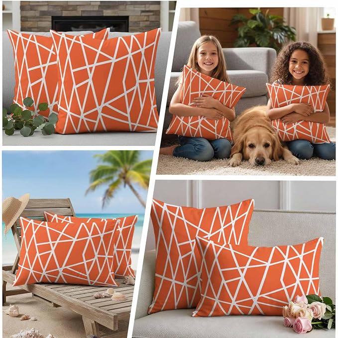 Outdoor Pillow Covers Waterproof, Orange Geometric Decorative Rectangle Throw Pillowcases Patio Cushion Covers for Tent/Garden, 20" x 12" 2 Pack, Abstract Stripes Modern Simple