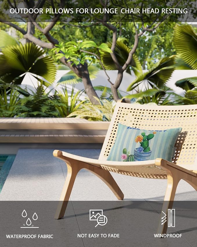 Outdoor Pillows Covers with Inserts SUMMER Cactus Succulents Green Plants Teal Stripes Waterproof Pillow with Adjustable Strap Throw Pillows for Patio Furniture Recliner Lounge Chair, 11x16 inch, 1PCS