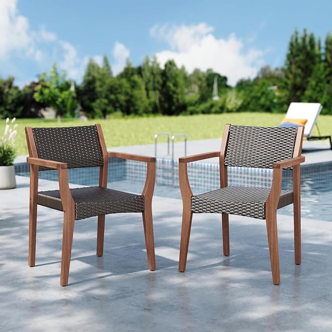 MFSTUDIO Outdoor Patio Chairs Set of 2, Outdoor Teak Wood Chairs for Table, All-Weather Seating Chair w/Wicker Back & Seat, Porch, Backyard