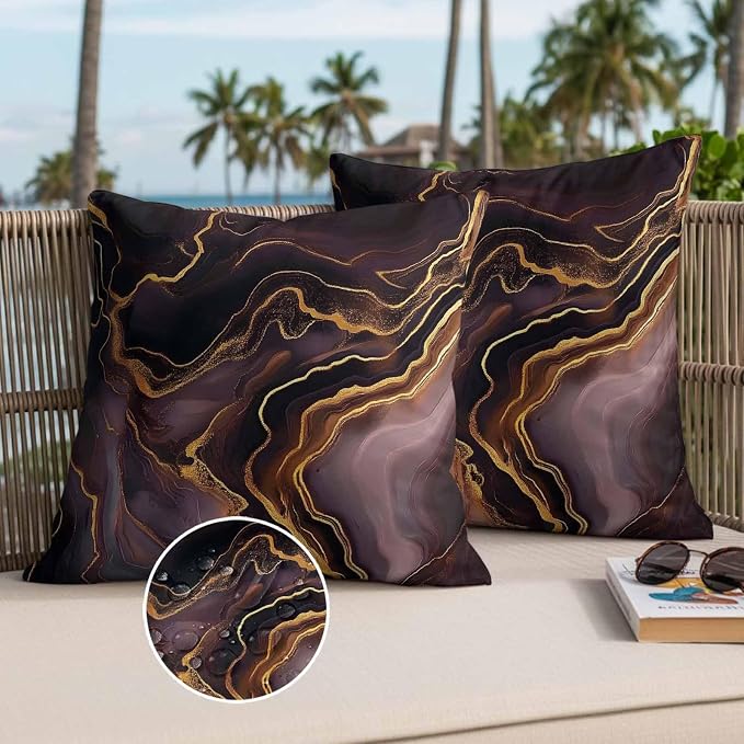 Abstract Marble Texture Outdoor Waterproof Throw Pillow Covers Set of 2, 26"x26", Purple Gold Waves Art Decorative Pillow Covers Outside Cushion Case for Patio Porch Garden