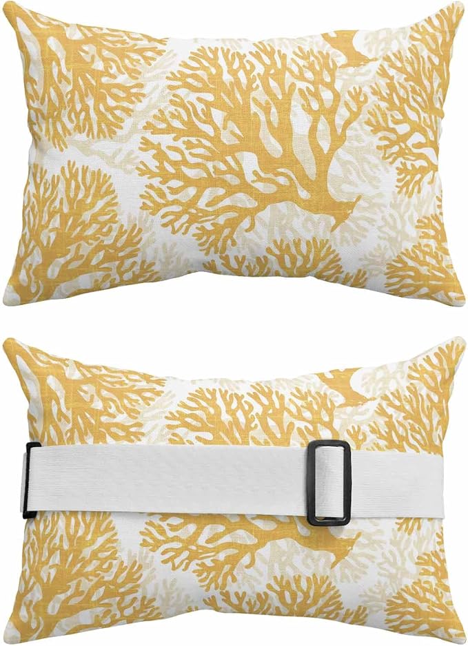 Outdoor Lumbar Pillow Set of 2, Yellow Coral Waterproof Beach Headrest Pillow with Inserts, Coastal Summer Ocean Nautical Sea Recliner Throw Pillows for Patio Furniture, 11 x 16