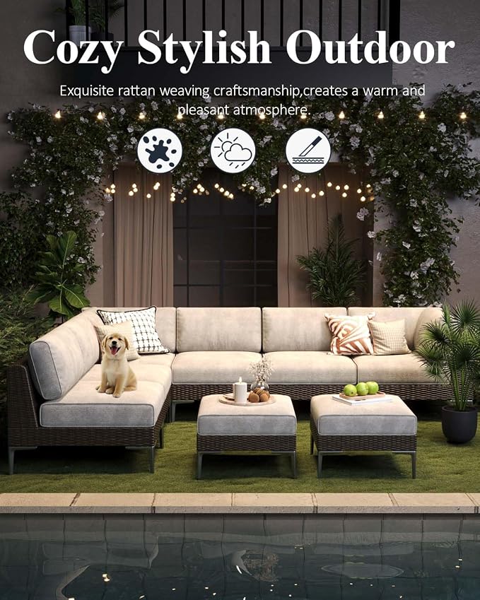 LayinSun 10-Piece Wicker Rattan Patio Furniture Set, Deep Seating Outdoor Modular Sectional Sofa Conversation Set with Thick Cushions for Lawn, Garden