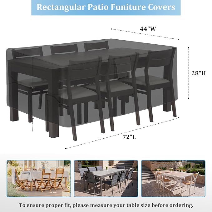 RICHIE Patio Furniture Covers - 600D Heavy Duty Waterproof Rectangle Table Cover, Lawn Furniture Set Covers for Outside Dining Table and Chairs Seating 72"L x 44"W x 28"H