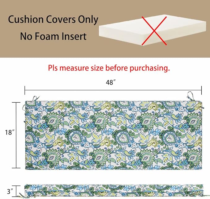 Magpie Fabrics Patio Bench Cushion Cover 48x18x3 Inch, NO Insert! Water Resistant UV Protection Outdoor Swing Loveseat Replacement Cover with Zipper, (Botanical Blue Green)