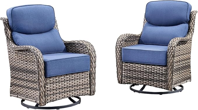 Luxury Outdoor Swivel Rocker Patio Chairs Set of 2 with 6-Inch Thick Cushions, High Back Swivel Patio Chairs Wicker Outdoor Gliders for Porch, Yard, Deck, Poolside, Grey/Blue