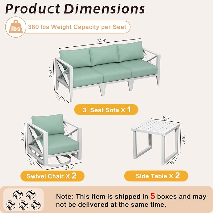 Aluminum Patio Furniture Set, 5-Seat Outdoor Conversation Set with 2 Swivel Rocking Chairs & 2 Coffee Tables, Weather-Resistant Sofa Set for Poolside, Garden, Backyard – White