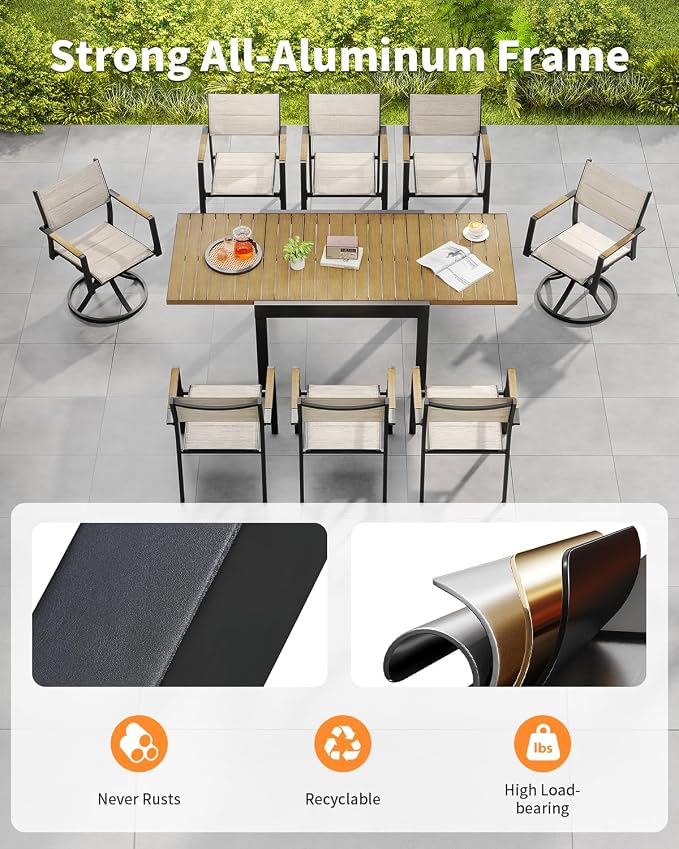 Expandable Outdoor Dining Set for 8, Never-Rust Aluminum Patio Swivel Dining Set, 38"-77" Extendable Outdoor Dining Table and 6 Double-Layer Textilene Stackable Patio Chairs for Porch, Teak