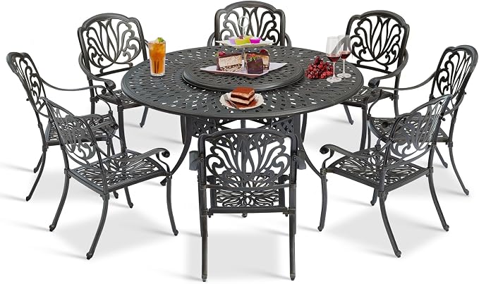 9-Piece Patio Cast Aluminum Dining Set, 8 Person Outdoor Dining Furniture Set, Includes 8 Chairs and 61" Large Round Dining Table with 31" Lazy Susan, Umbrella Hole for Lawn Deck Garden