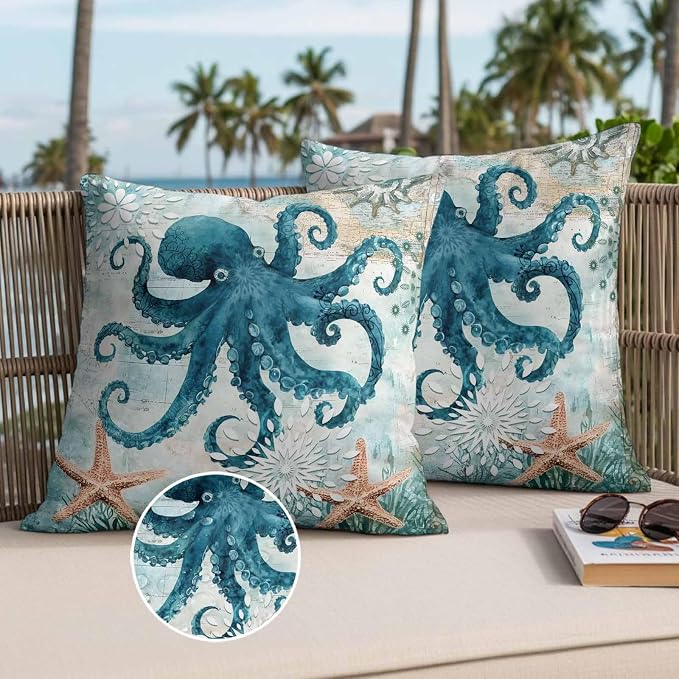 Ocean Creature Outdoor Waterproof Throw Pillow Covers Set of 2, 18"x18", Eight Pawfish Corals Sea Stars Decorative Pillow Covers Outside Cushion Case for Patio Porch Garden