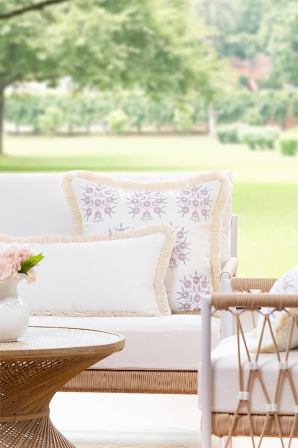 Hofdeco Premium Coastal Patio Indoor Outdoor Long Lumbar Pillow Cover Only, 12"x26" Water Repellent for Backyard, Couch, White Solid with Fringe