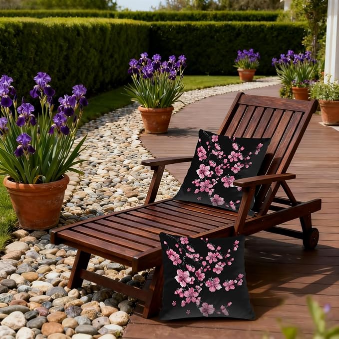 18x18 Inch Outdoor Pillow Covers Set of 2 Waterproof Throw Pillow Covers Decorative Couch Cushion Covers Pink Cherry Blossom Square Pillowcases Protectors for Patio Garden Sofa