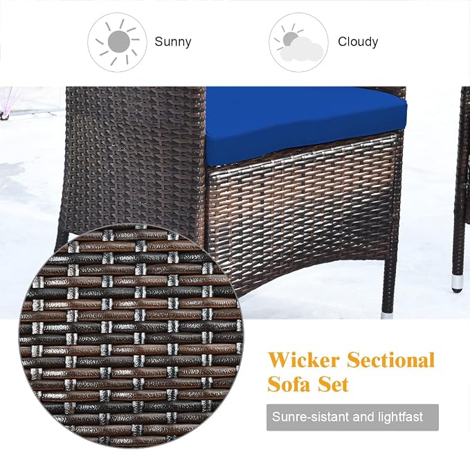 COSTWAY 4PCS Rattan Patio Furniture Set | Outdoor Wicker Rattan Chairs with Coffee Table, Rattan Cushioned Conversation Set for Backyard Balcony Porch Poolside, Navy