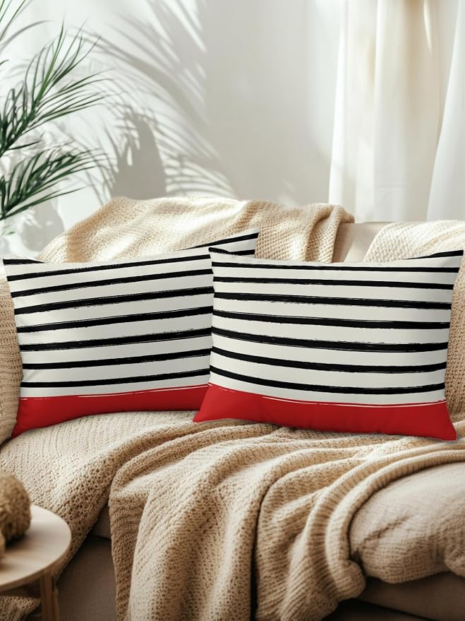 Waterproof Outdoor Pillow Set of 2 Black Stripes Decorative Throw Pillows Cover & Insert 20x12 Inch Lumbar Pillowcase Red Striped Lines Pillows for Couch Sofa Bed Patio Furniture Indoor Outdoor