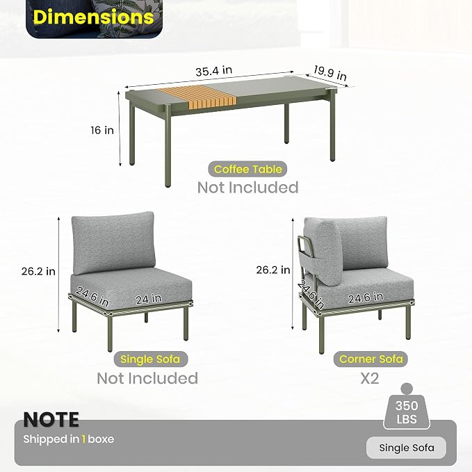 Sundale Outdoor 2 Pieces Metal Patio Furniture Set, Outdoor Sectional Sofa w/6 Inch Olefin Cushion, Modern Outdoor Conversation Sets for Porch, Balcony (Grey/Green)
