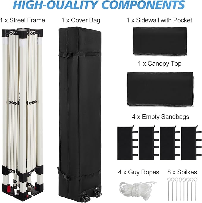 WEIZE 10x10 Pop Up Canopy Tent, 1-Button Push Setup Canopy Tent with 1 Sidewall, Adjustable Height Instant Portable Shelter,Portable Roller Bag, Easy Outdoor Sun Shade for Events,4 Weight Bags,Black