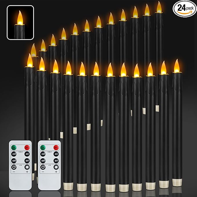 wemarry 24 Pcs Black Flameless Taper Candles with Remote, 10" Black Battery Operated Led Candlesticks with Flickering 3D Flame, Fake Taper Candles for Halloween Anniversaries Dinner Home Décor