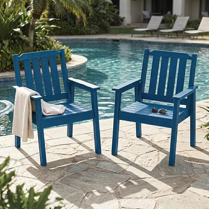 IDEALHOUSE Outdoor Patio Dining Chairs Set of 2, Heavy Duty HDPE Garden Seating with Sturdy Weather-Resistant Frame, Comfortable Wide Seat and Back, Waterproof for Backyard or Poolside, Navy