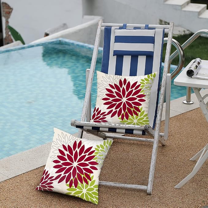 DFXSZ Outdoor Waterproof Pillow Covers 18x18 Set of 2 Wine Red Green Flower | Spring Summer Waterproof Flower Throw Pillowcases（No Inserts）Outdoor Decor for Patio Funiture Garden Polyester Covers