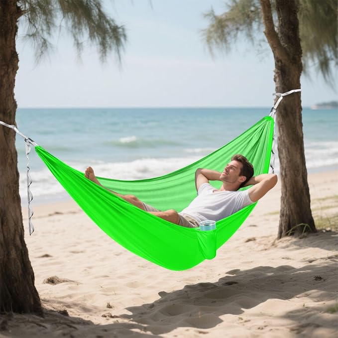 Neon Green Solid Color Camping Hammock, Portable Lightweight Single Hammock with Tree Straps and Aluminum Carabiners, 114" x 54" Travel Hammock for Hiking Backpacking Beach