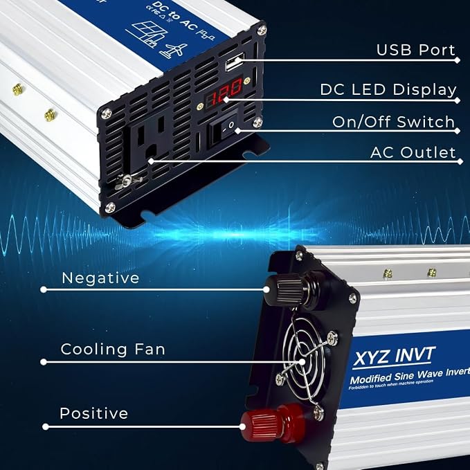 500W Power Inverter 12V DC to 110V 120V AC, Peak Power 1000W with 1 AC Outlet & 1 USB Port & LED Display for Car RV Emergency Backup Power Camping Solar System Off-Grid Over 90% Efficiency