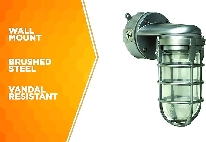 Woods L1707SVBS Traditional 150W Incandescent Weather Industrial Light; Wall Mount; Brushed Steel