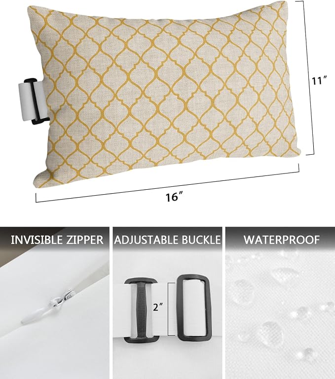 Outdoor Pillows Covers with Inserts Rustic Moroccan Geometric Quatrefoil Yellow Lattice Waterproof Pillow with Adjustable Strap Throw Pillows for Patio Furniture Recliner Lounge Chair, 11" x 16", 1PCS