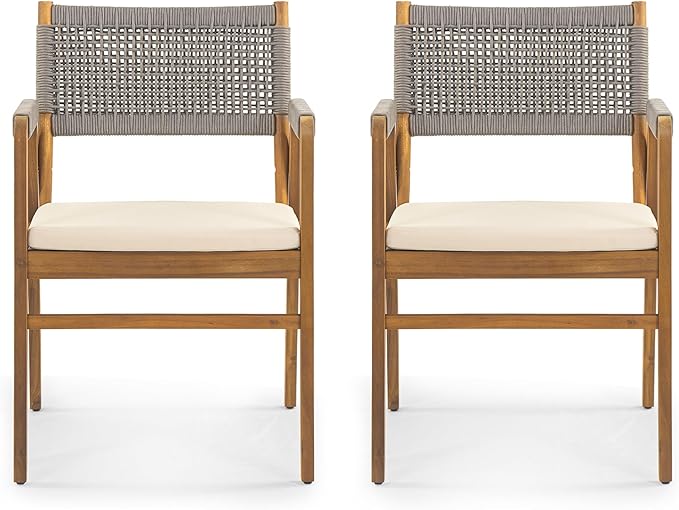 Christopher Knight Home Terry Acacia Wood Patio Dining Set for 6, Solid Wood Outdoor Dining Table Set for 6, 7 Piece Outdoor Dining Set with Rectangular Table and Woven Rope Accents, Teak+Beige+Grey