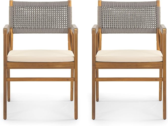 Christopher Knight Home Terri Acacia Wood Patio Dining Set for 6, Solid Wood Outdoor Dining Table Set for 6, 7 Piece Outdoor Dining Set with Rectangular Table and Woven Rope Accents, Teak+Beige+Grey