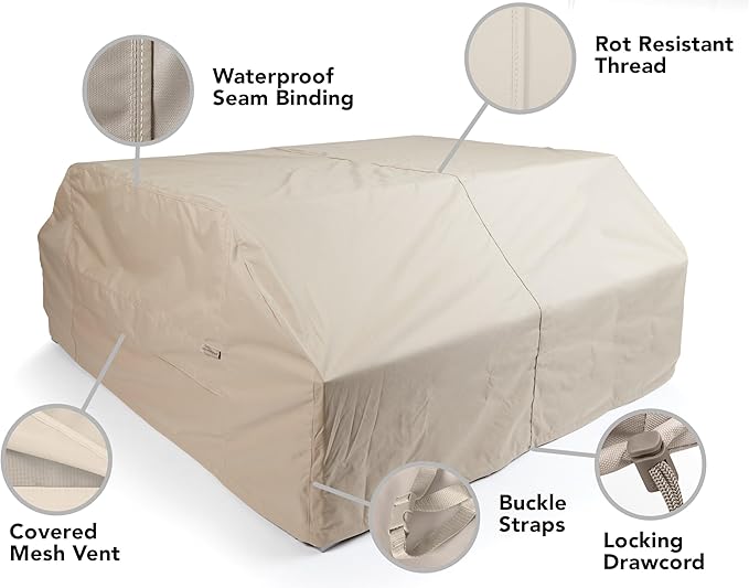 Covermates Ultima Outdoor Picnic Table Cover – Rip-Resistant All-Weather Water-Resistant Polyester, Covered Mesh Vent, Drawcord & Buckle Straps, 76W x 62D x 32H, Ripstop Tan