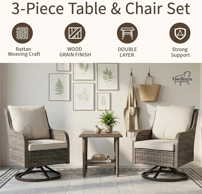 3-Piece Patio Furniture Set, 2 Swivel PE Wicker Chairs & Rattan Side Table, Outdoor Patio Swivel Rocker Seating for Porch Deck Balcony with Water-Resistant Cushions (Beige, 3-PCS)