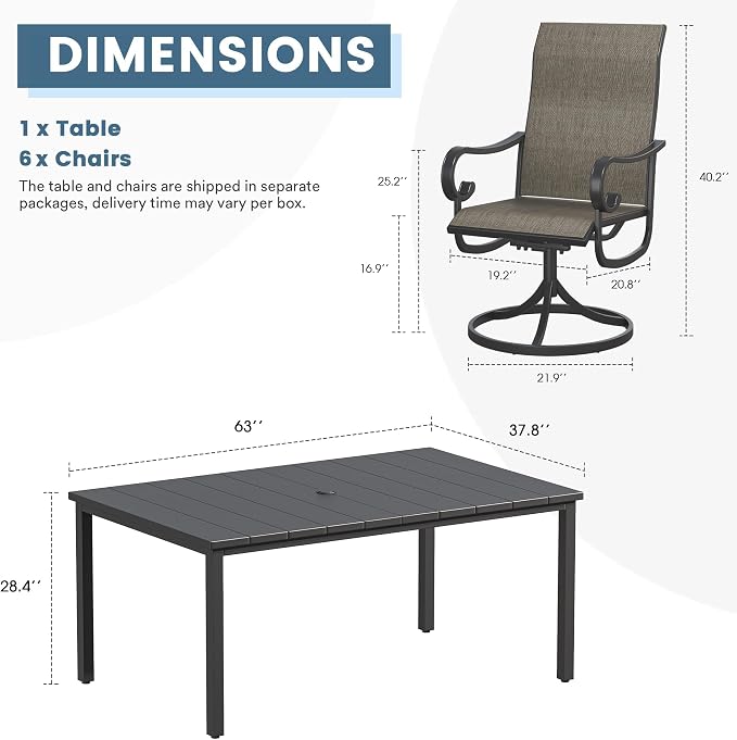 DIFY 7 Pieces Outdoor Patio Dining Set for 6, Swivel Dining Chairs with Brown Textilene and 63" Black Rectangle Metal Dining Table, Outdoor Table and Chairs for Lawn Garden Backyard Deck