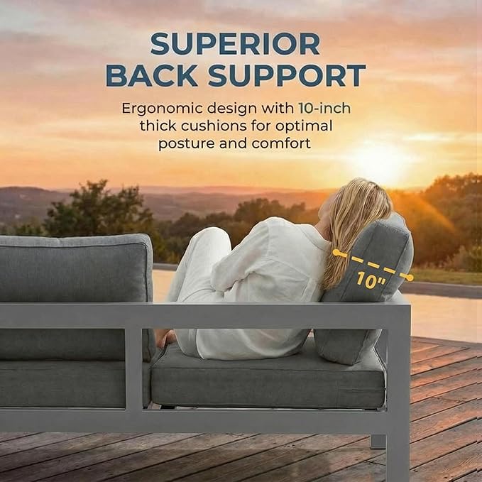 Solaste Aluminum Patio Furniture Set for All Weather, Oversized Metal Outdoor Furniture Set with 27.5" Deep Seating and 3.2" Wide Armrest, Outdoor Patio Conversation Sets with 10" Back Cushion, Gray