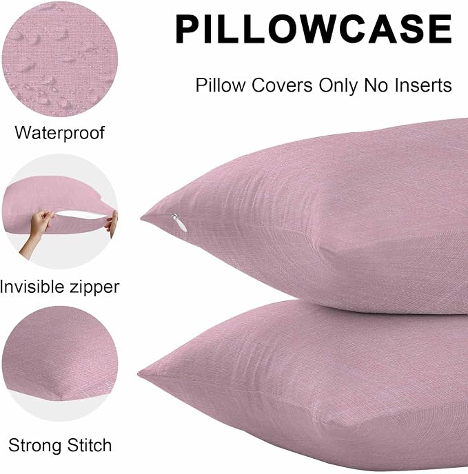 Pack of 2 Waterproof Outdoor Pillow Covers 18x18 Inch Decorative Pillow Covers Pink Burlap Texture Throw Pillowcases Farmhouse Vintage Pink Outdoor Cushion Cover for Couch, Patio, Tent