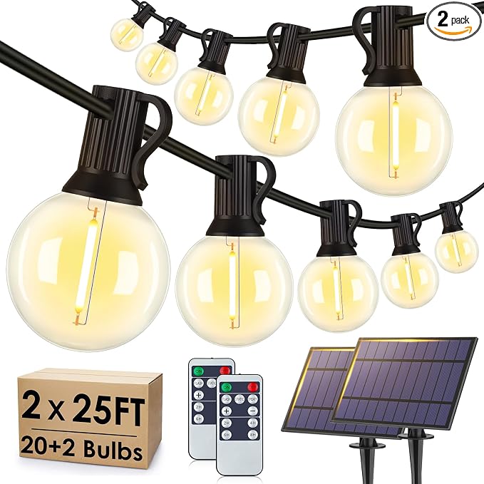 50FT(2x25FT) Solar String Lights with Remote, 20+2 G40 Bulbs, Black | Solar Powered, Dusk to Dawn, Dimmable, Timer, Memory Function, LED Globe Hanging Lights for Backyard Fence Bistro Decor