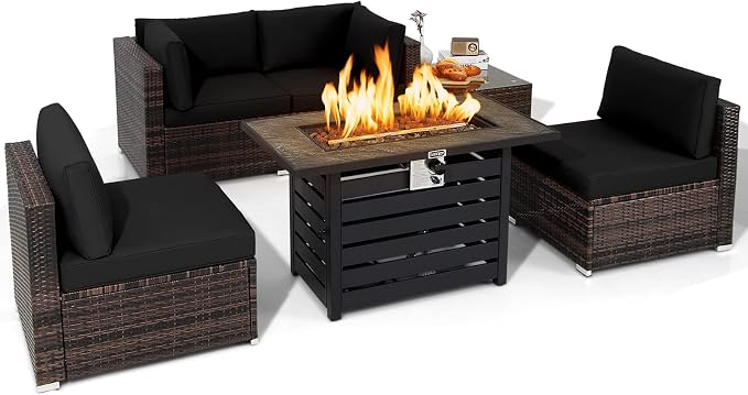 Tangkula 6-Piece Patio Furniture Set with 42 Inches Propane Fire Pit Table, Outdoor Wicker Conversation Set with Cushions and Tempered Glass Coffee Table, 50,000 BTU Gas Fire Pit Table (Black)