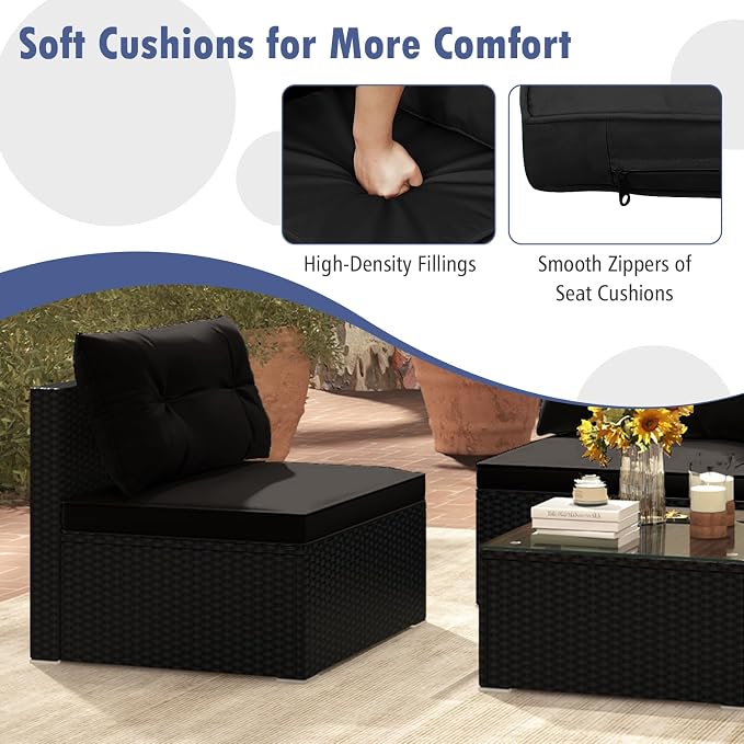 DORTALA 5 Piece Wicker Patio Furniture Set, PE Rattan Outdoor Sectional Conversation Set with Tempered Glass Coffee Table, 4 Chairs for Deck, Backyard, Poolside, Black