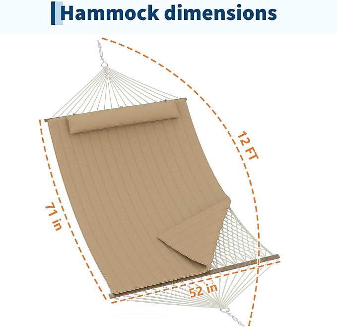 Double Spreader Bar Hammock with Stand, 2-Person, 12ft, 450lbs Capacity | quick-dry, UV-resistant, detachable pad & pillow, side pockets, for patio/backyard/garden/beach, Brown-Yellow