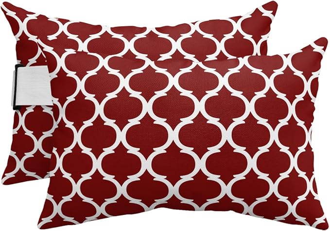 Outdoor Pillows Covers with Inserts Mid Century Art Geometric Morocco Stripes Wine Red Waterproof Pillow with Adjustable Strap Throw Pillows for Patio Furniture Recliner Lounge Chair, 11x16 inch, 2PCS