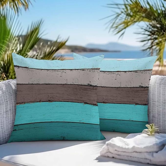 Outdoor Throw Pillow Covers 20X20 Set of 2 Waterproof Ombre Peacock Blue Gray Decorative Zippered Cushion Covers for Patio Furniture, Farmhouse Retro Rustic Barn Wood Texture Lumbar Pillowcases