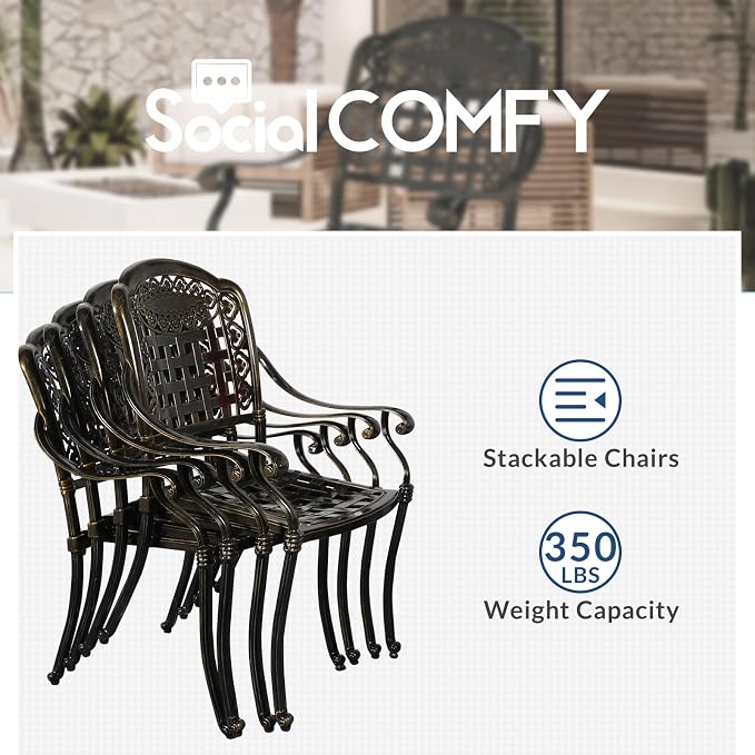 5-Piece Outdoor Patio Dining Set, All-Weather Cast Aluminum Furniture Conversation Set, Include 4 Cushioned Chairs and a 38.5” Round Table with Umbrella Hole for Balcony, Lawn, Navy Blue