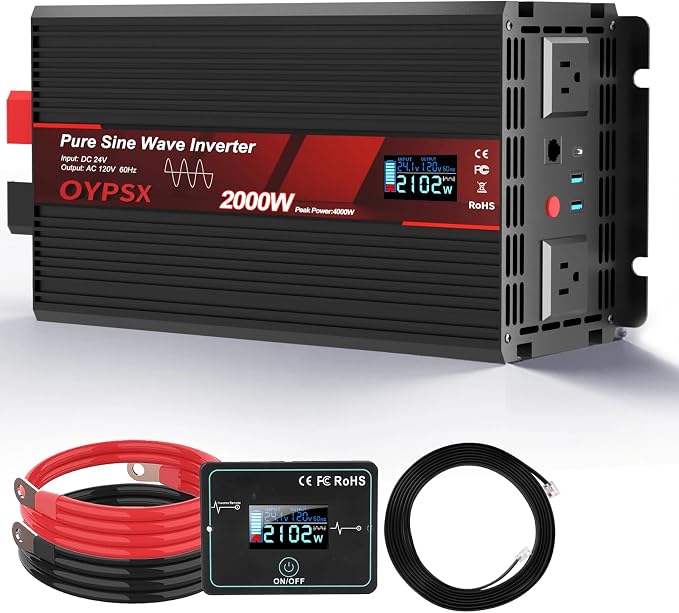 2000W Power Inverter 24V to 110V 120V AC Pure Sine Wave Inverter for RV Truck Camping,Outdoor Off-Grid Power Converter with LCD Display,Wired Controller,AC Outlets USB Ports(24V-2000Watts)