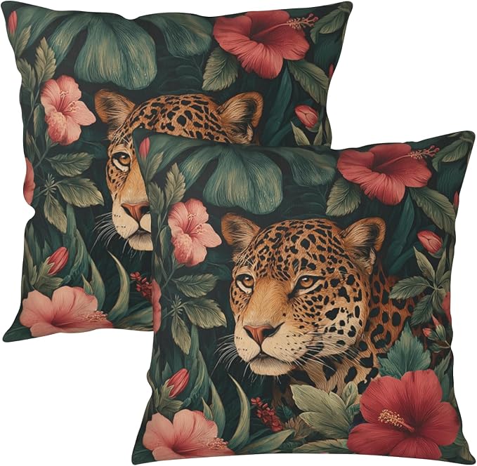 Tropical Leopard Throw Pillow Covers Green Palm Leaves Hibiscus Floral Pillow Covers 16x16 Set of 2 Hawaiian Jungle Cheetah Flower Pillow Cases for Home Farmhouse Sofa Decor
