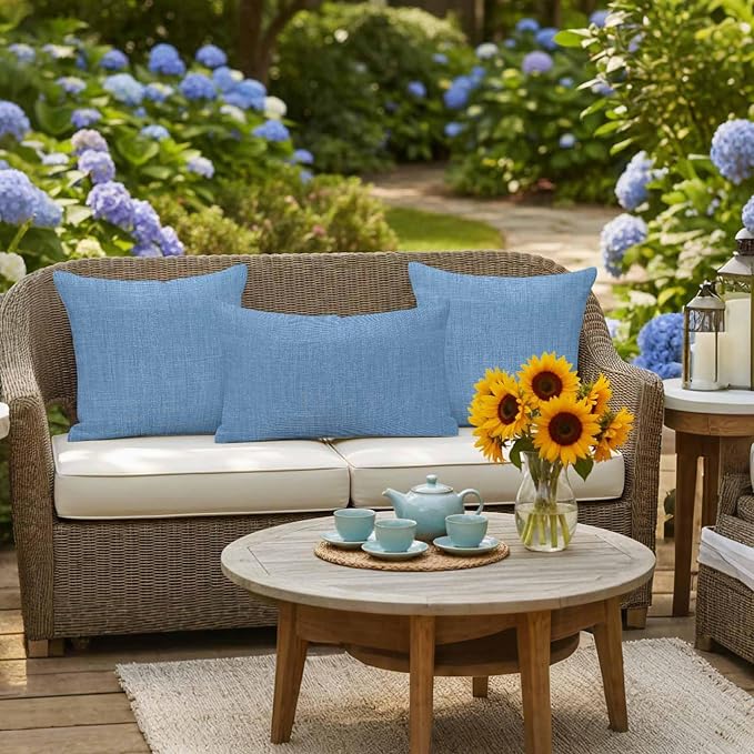 Pack of 2 Waterproof Outdoor Pillow Covers 24x24 Inch Decorative Pillow Covers Blue Burlap Texture Throw Pillowcases Farmhouse Vintage Blue Outdoor Cushion Cover for Couch, Patio, Tent
