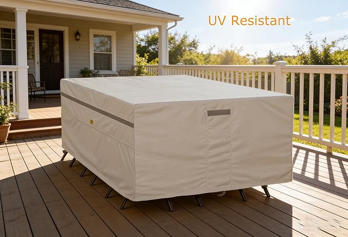600D Heavy Duty Waterproof Patio Furniture Covers UV Resistant Rectangualr Outdoor Table and Chair Covers 90" Wx 60" D x 28" H Beige