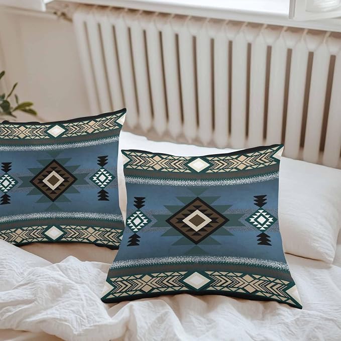 Vandarllin Outdoor Throw Pillows Covers 16x16 inch Set of 2 Waterproof Blue Tribal Style Decorative Zippered Cushion Covers for Patio Furniture, Southwest Native American Lumbar Pillowcases