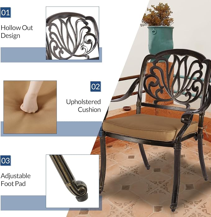 9-Piece Patio Cast Aluminum Dining Set, Outdoor Dining Furniture Set for 8 Person, Includes 64" Square Table and 8 Cushioned Chairs with Umbrella Hole for Patio Deck Garden, Tan