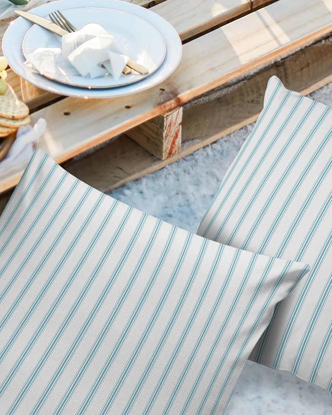 Outdoor Waterproof Throw Pillow Covers 24x24in, Turquoise Striped Cushions for Garden Patio Furniture Chairs Set of 2, Geometric Line Home Decor Couch Sofa Polyester Pillow Cases