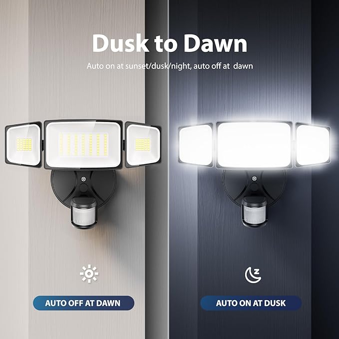 Onforu 75W LED Flood Light Motion Sensor Outdoor, 7000lm Dusk to Dawn Flood Light, Security Light with Three Head, IP65 Waterproof Exterior Floodlight, 6500k Wall Light for Entryway Stairs Yard Garage