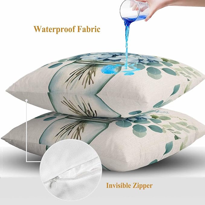 Blue Floral Outdoor Waterproof Throw Pillow Covers Set of 2, 18"x18", Pastoral Eucalyptus Leaf Linen Texture Decorative Pillow Covers Outside Cushion Case for Patio Porch Garden